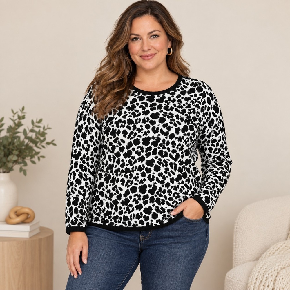 Vince Camuto Black & White Leopard Print Sweater Women's Large Mob Wife Coquette